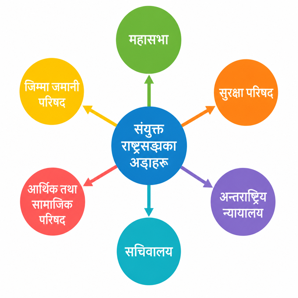 संयुक्त राष्ट्रसङ्घका छ ओटा अङ्ग, जसले सङ्गठनको काम आपसमा बाँडेर चलाउँछन्।