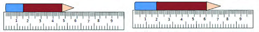 Two pencils on rulers measure 5.8 cm and 7.3 cm, lengths that we say to the nearest whole centimetre.