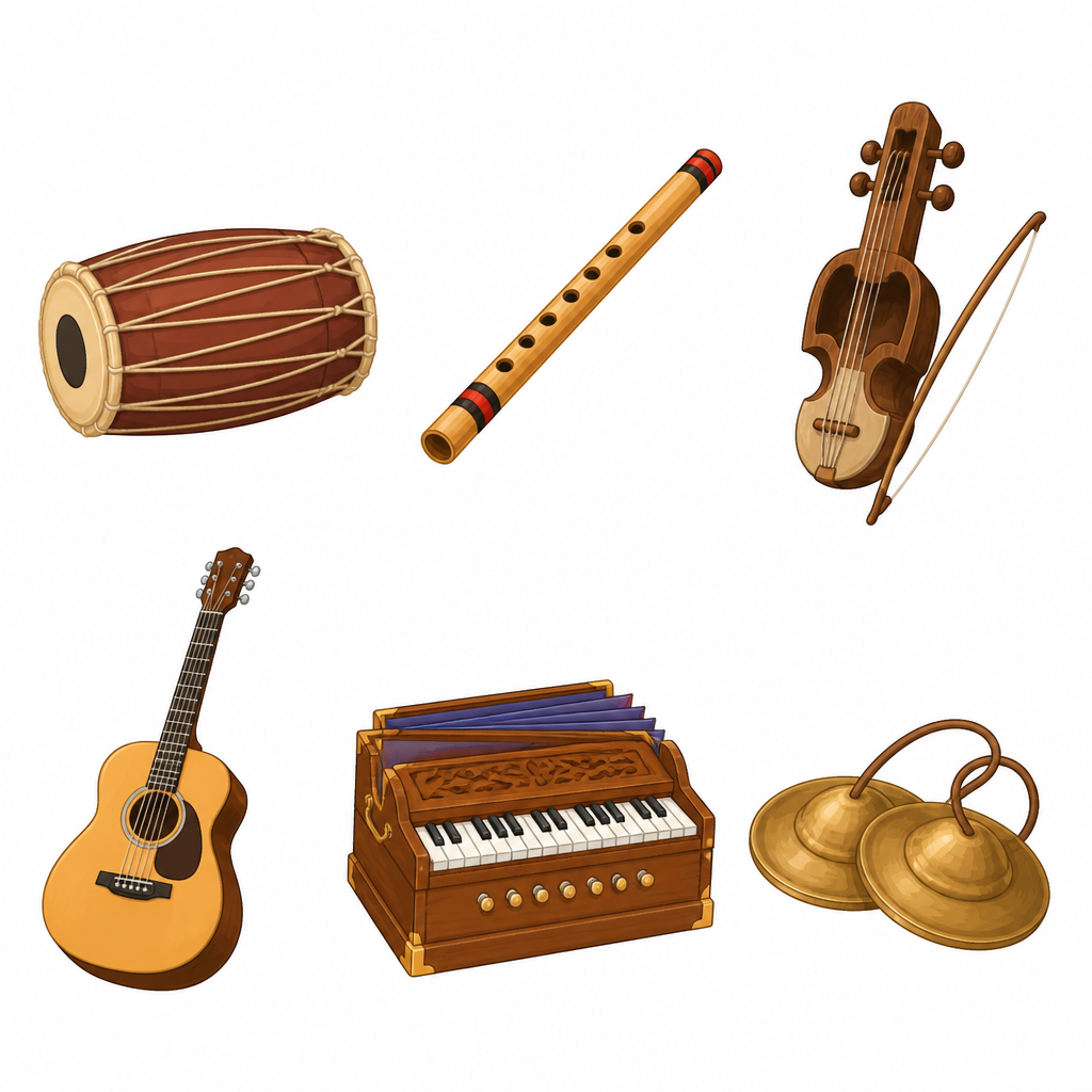Six musical instruments of the kind you can collect for your chart: a madal, a flute, a sarangi, a guitar, a harmonium and cymbals.