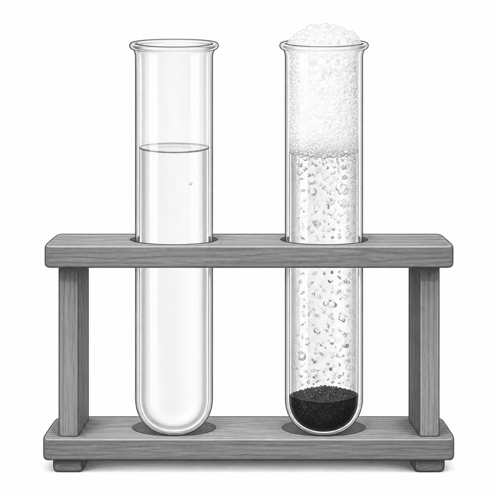 Both tubes hold the same hydrogen peroxide. Only the tube with manganese dioxide added fills with oxygen bubbles.