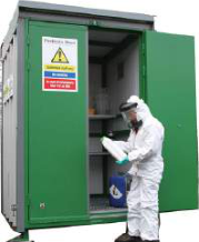 A worker in protective clothing at a separate pesticide store