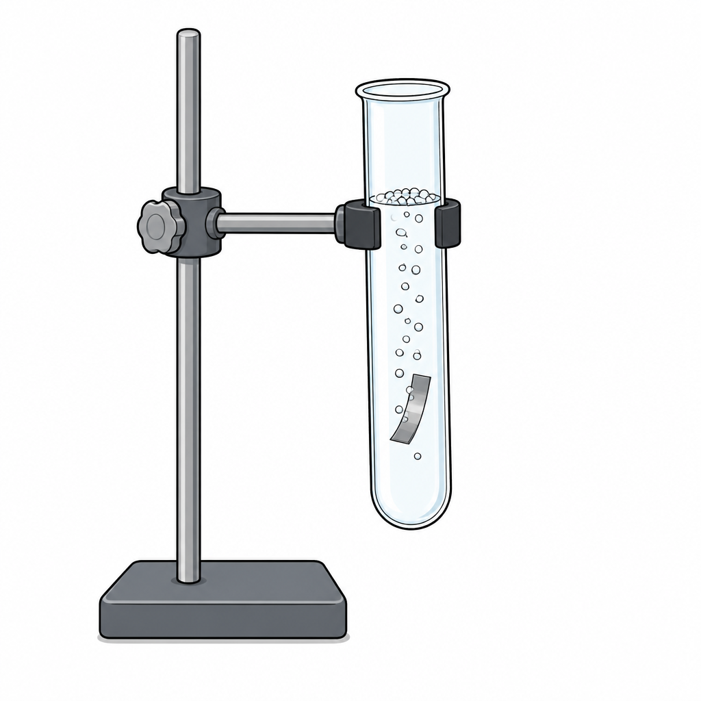 Bubbles rising in a test tube of dilute hydrochloric acid after magnesium ribbon is dropped in.