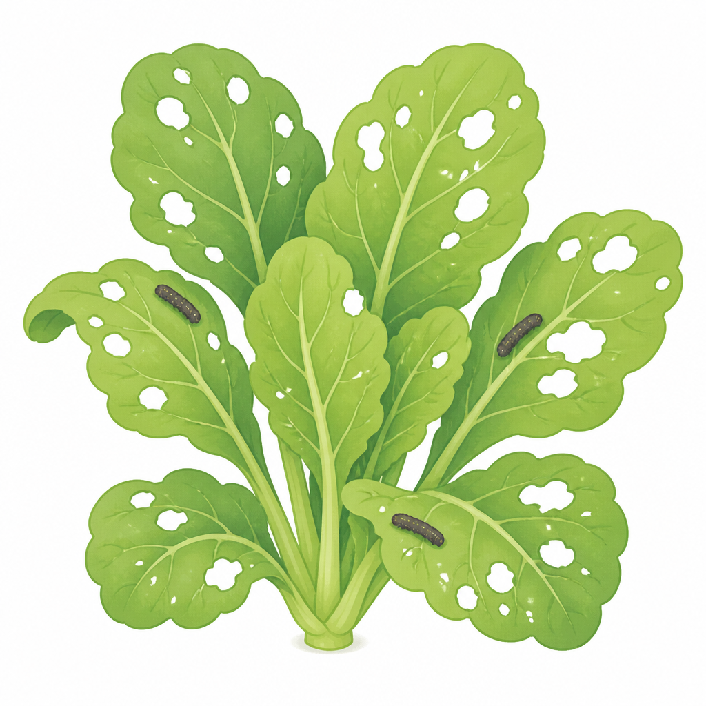 A vegetable crop with its leaves chewed full of holes. Insecticides are used to stop damage like this.
