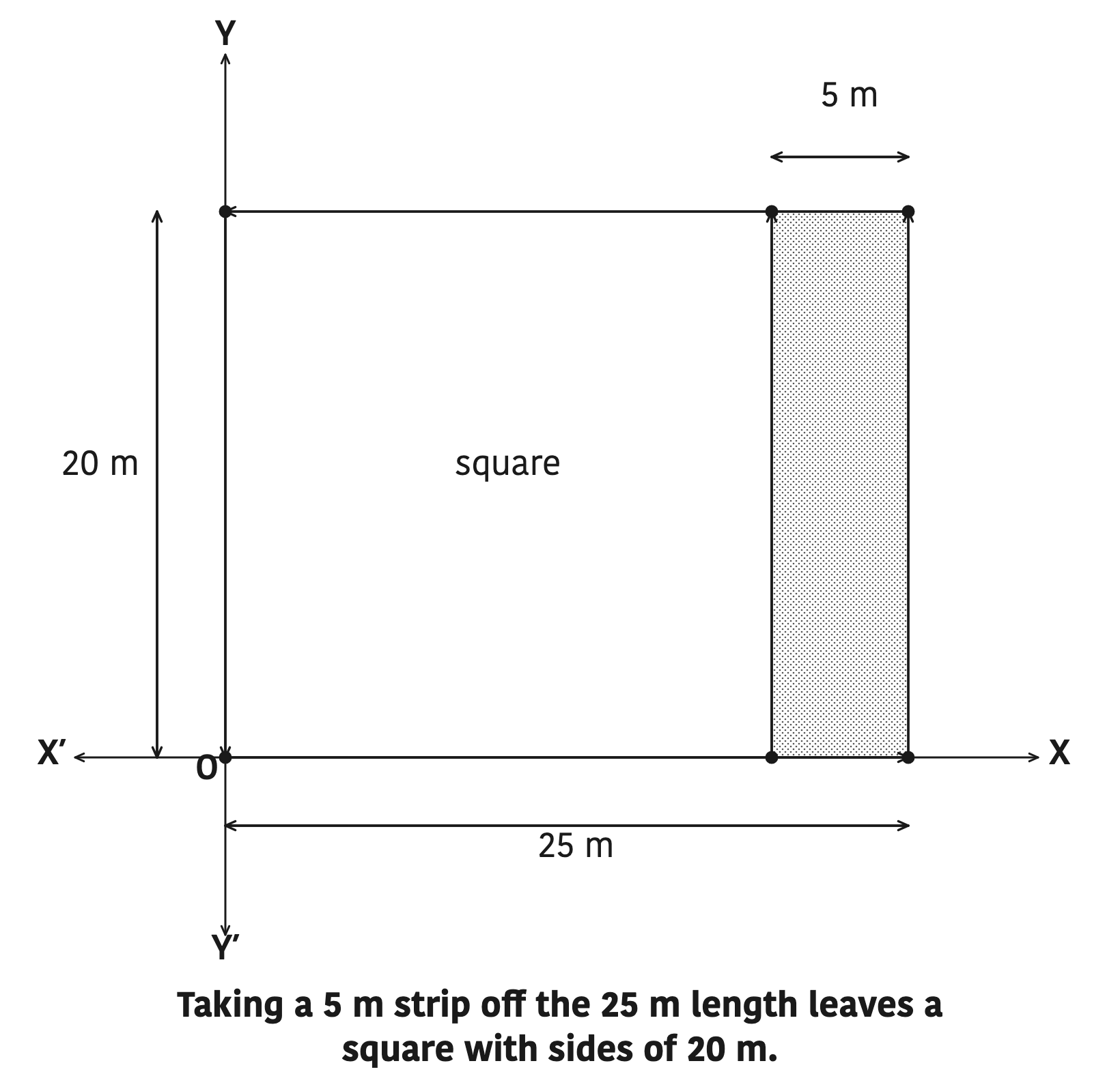 Taking a 5 m strip off the 25 m length leaves a square with sides of 20 m.