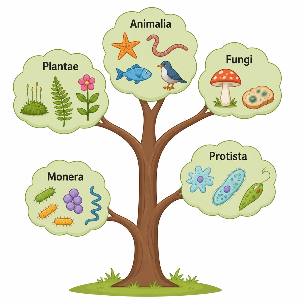 The five kingdoms as branches of one tree: Monera and Protista branch off low on the trunk, while Fungi, Plantae and Animalia form the crown.