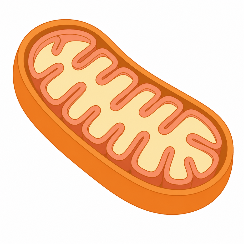 A mitochondrion cut open so that its two layered membrane and the folds inside it can be seen.