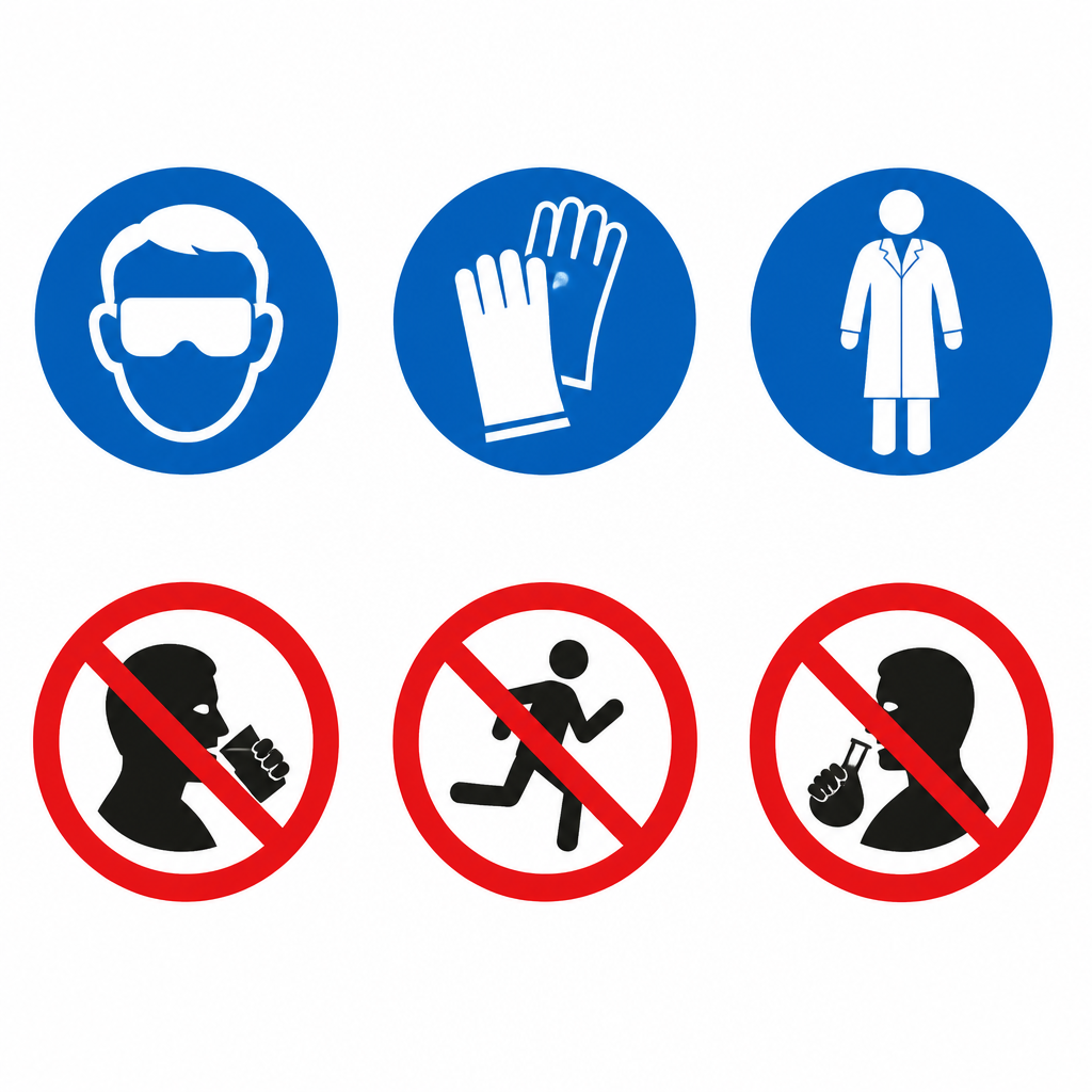 The signs posted in a laboratory, showing at a glance what must be worn and what must never be done.
