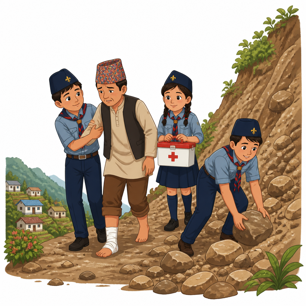 पहिरोमा परेकालाई उद्धार गर्दै गरेका स्काउट, जसले दैवी प्रकोपमा स्काउटको भूमिका देखाउँछ।