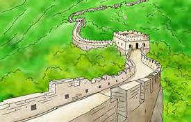 The Great Wall of China, a wall so long it crosses hills and forests.