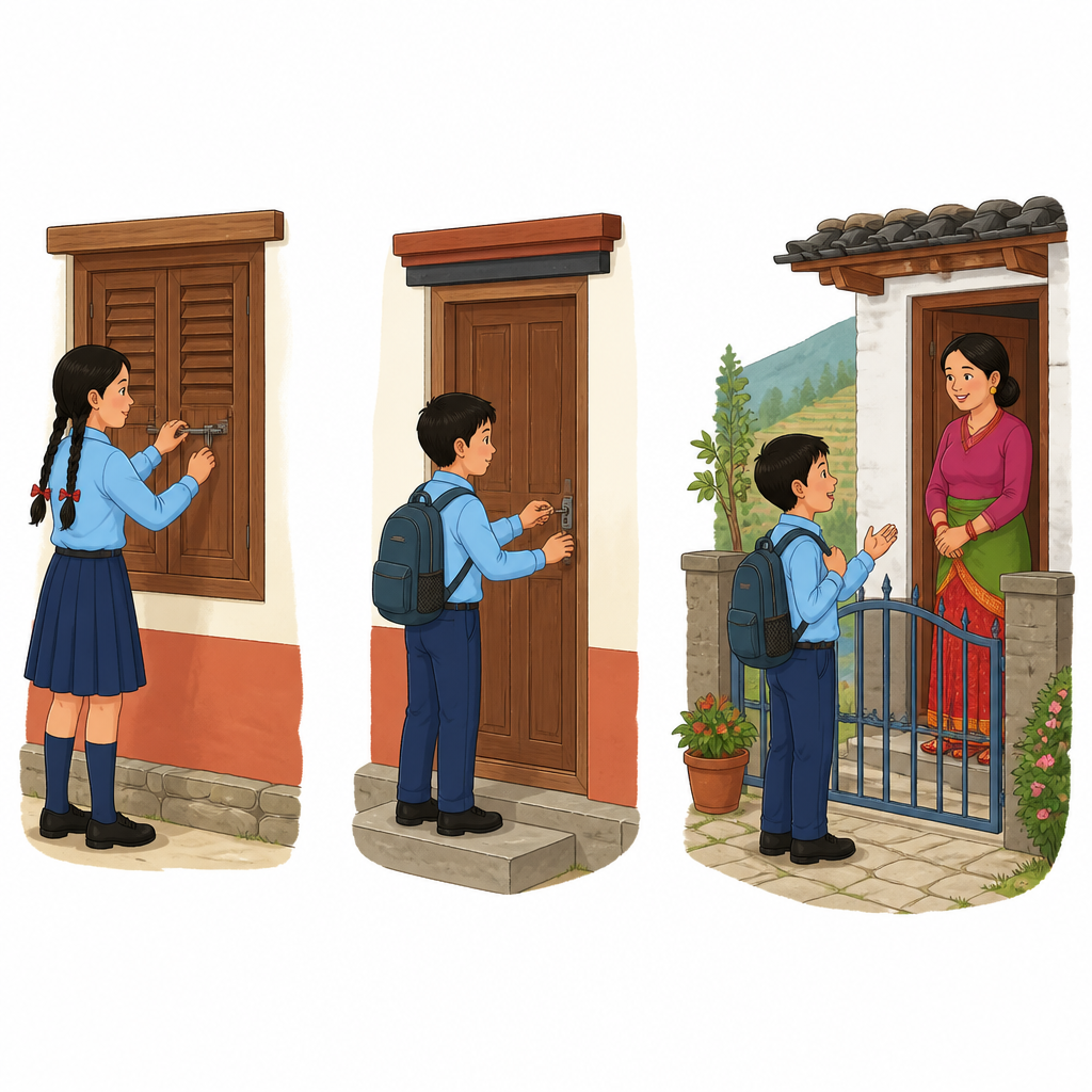 घरबाट निस्किनुअघि झ्याल, ढोका र गेट बन्द गर्नु र घरका सदस्यलाई खबर गर्नु पारिवारिक सुरक्षाको पहिलो पाइला हो।