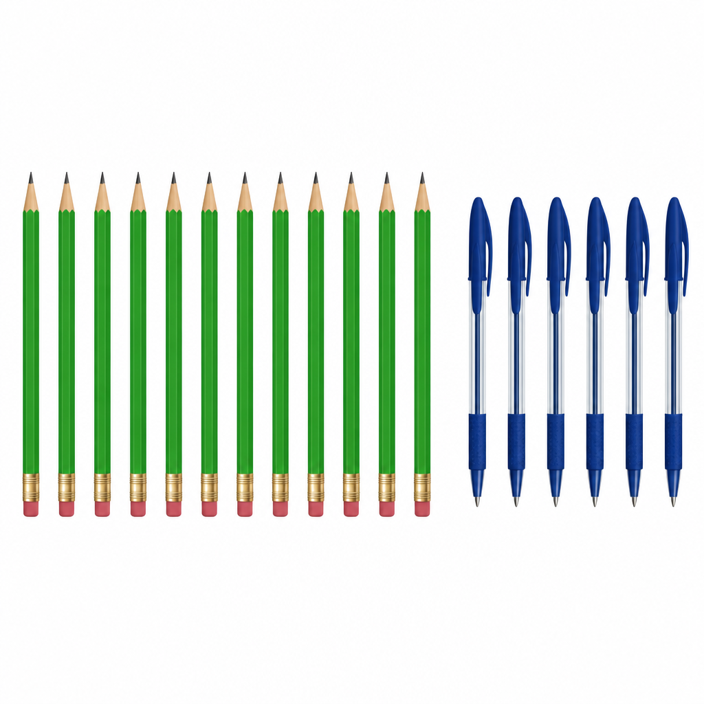Twelve pencils in one group and six pens in another. The counts have to be seen before the ratio of the counts can be written.