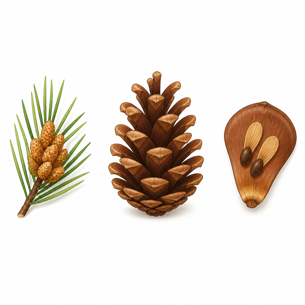 Male cones and a female cone of pine are separate. On a single cone scale, the seeds lie uncovered, with no fruit around them.