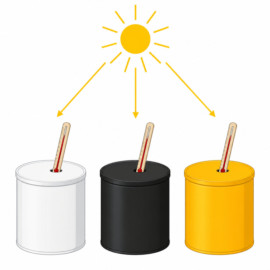 Three tins of the same size, white, black and golden, each with a thermometer in its lid, so the three temperatures can be compared.