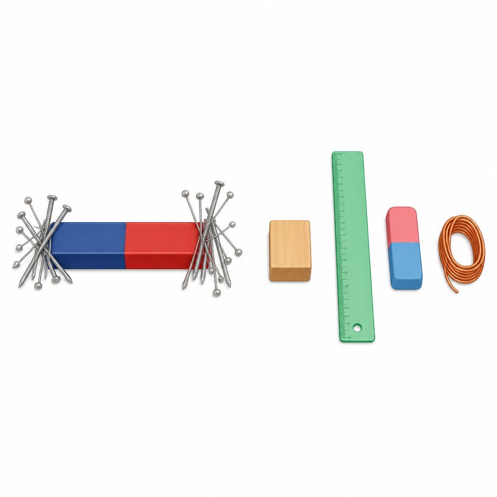 Iron nails and pins cling to the ends of the magnet while the wood, plastic, rubber and copper objects stay exactly where they were.
