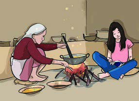 A grandmother cooks over the fire while the girl sits beside her. Listeners first predict who the people are, where they are, and what the grandmother is doing.