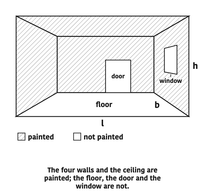 The four walls and the ceiling are painted; the floor, the door and the window are not.