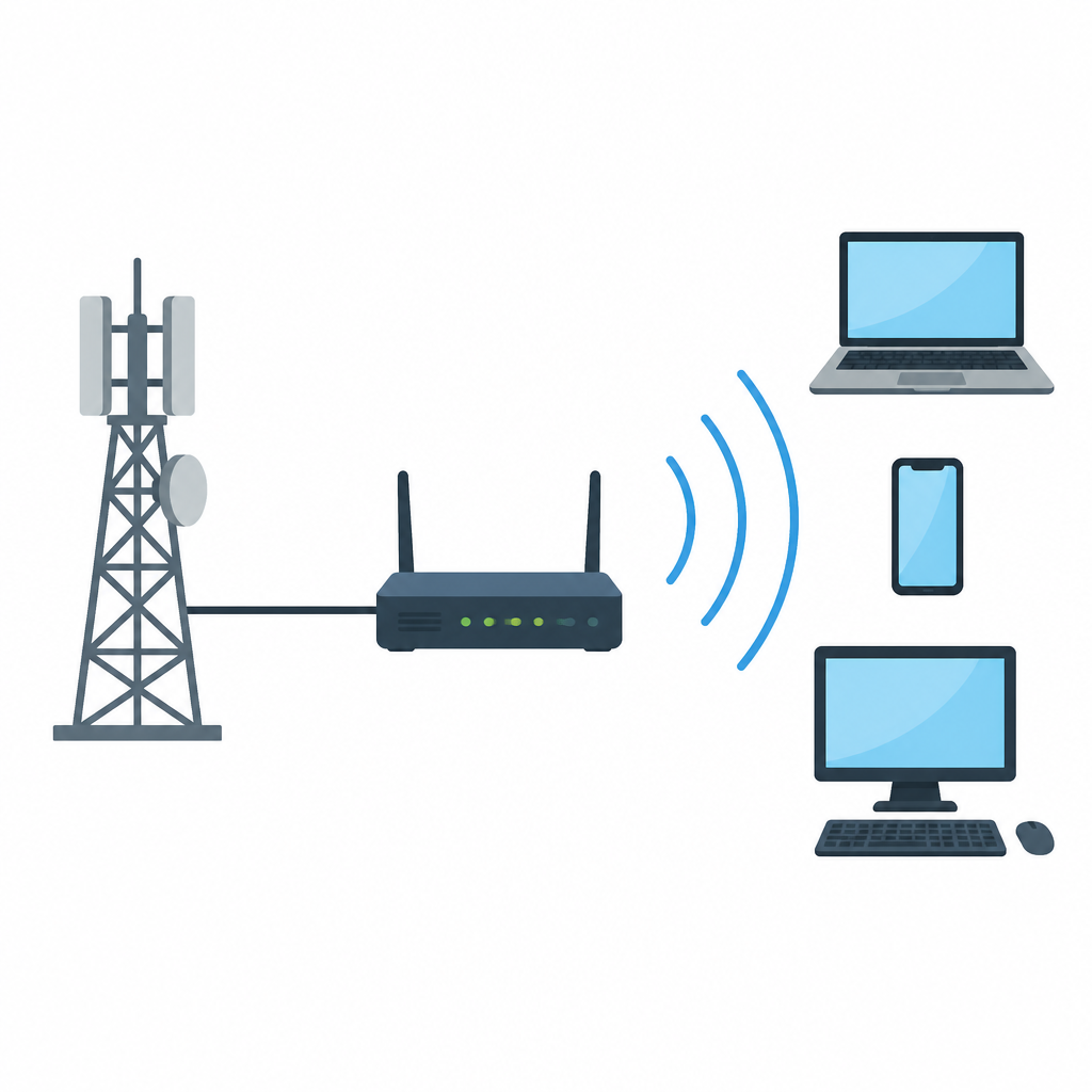 The order in which a Wi-Fi signal travels: from the base station network into the router, and from the router out to the devices.