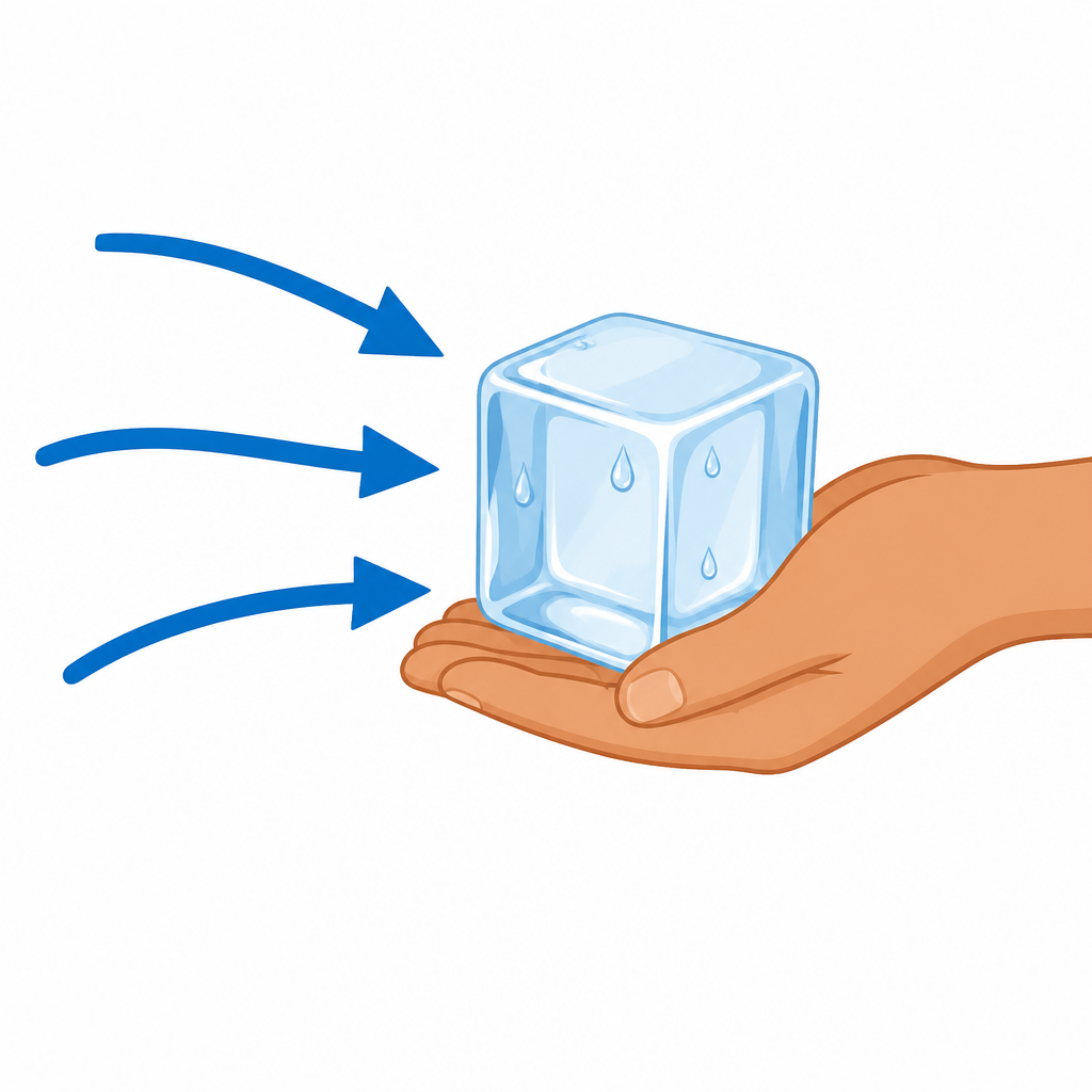 Heat leaving the hand and going into the ice is what makes the hand feel cold.