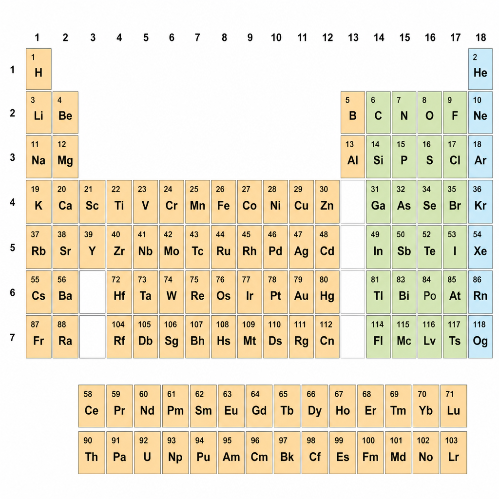 Group numbers 1 to 18 across the top and period numbers 1 to 7 down the side, with the metal, non-metal and inert gas regions in different colours.