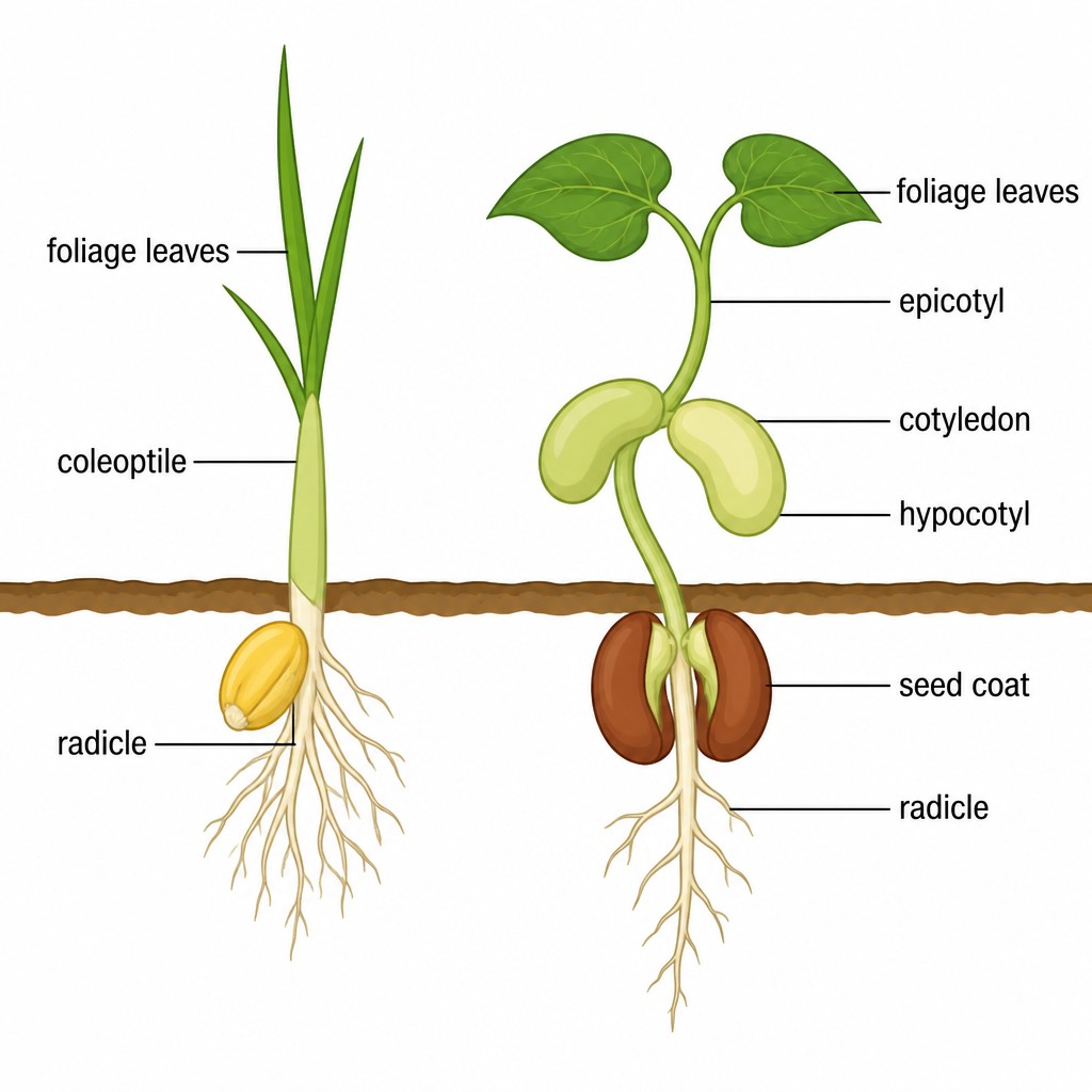 Germination of a dicot seed and a monocot seed, showing where the radicle, cotyledon, hypocotyl, epicotyl, coleoptile and foliage leaves sit.