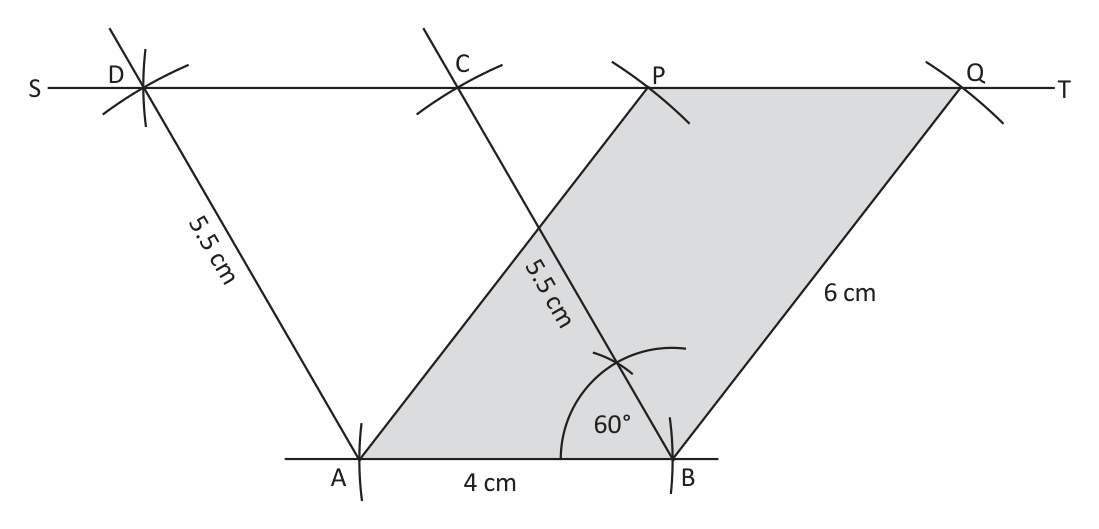 Parallelograms ABCD and ABQP stand on the same base AB and lie between the parallels AB and ST, so their areas are equal.