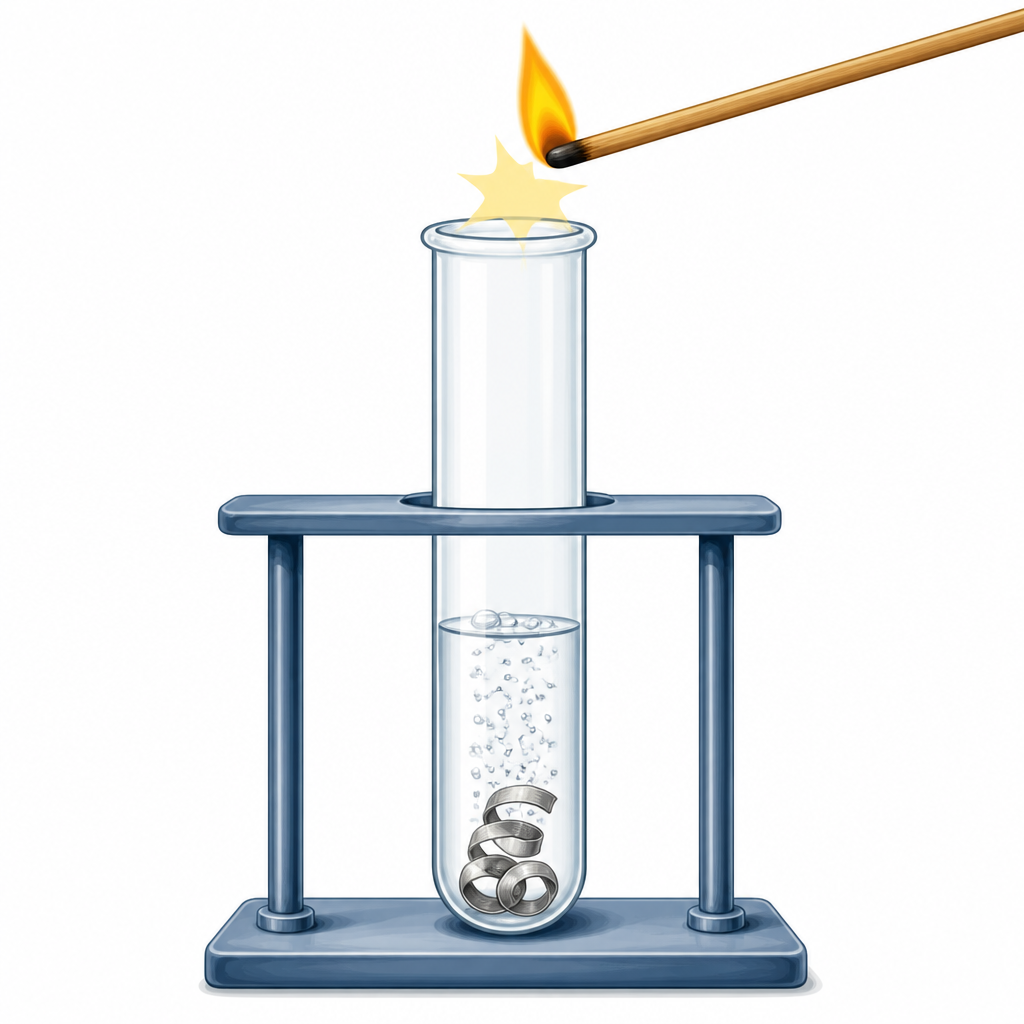 Hydrogen bubbles rise from magnesium in dilute acid, and a burning splint held at the mouth of the tube goes out with a pop