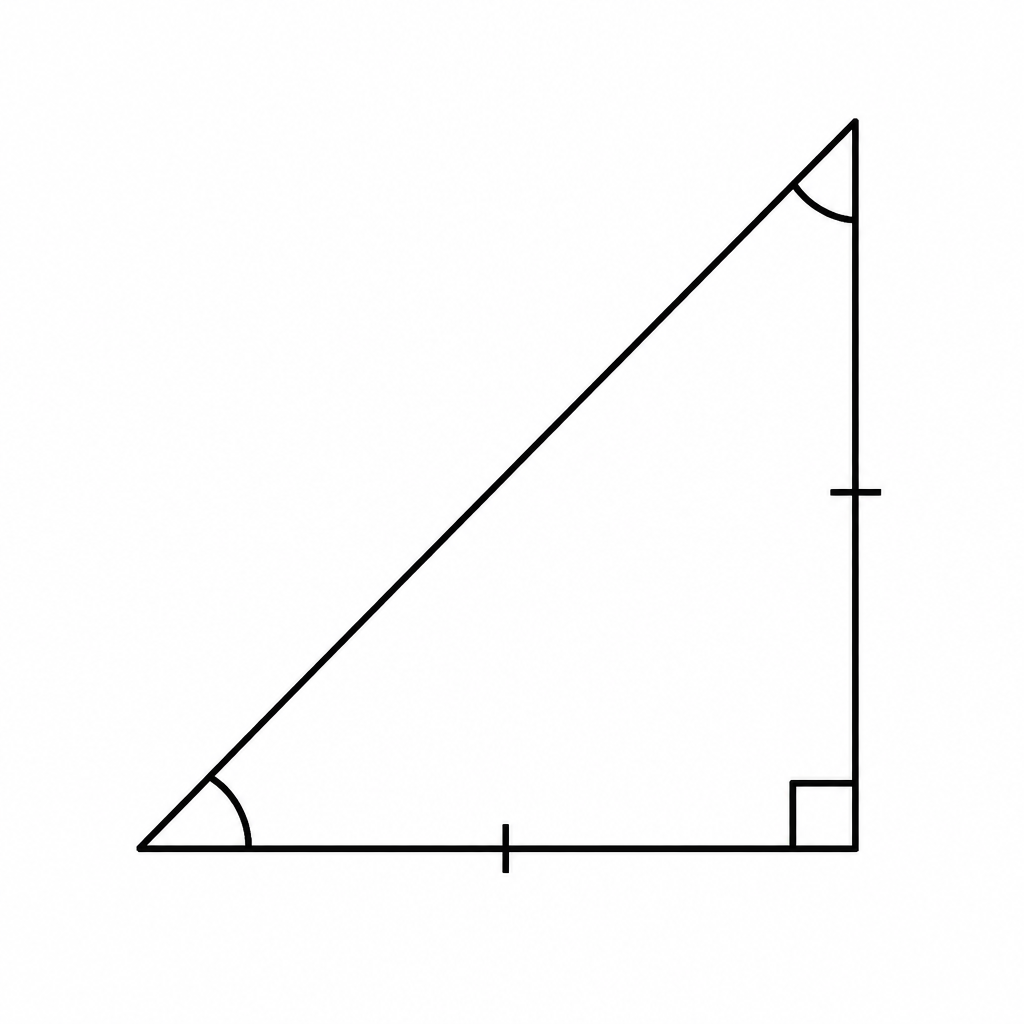 Both base angles of a right angled isosceles triangle come out as 45 degrees.