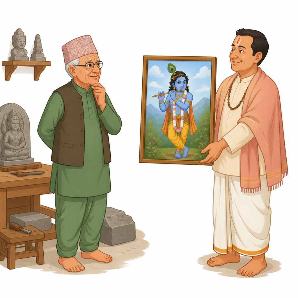 भक्तले ल्याएको चित्रमै मूर्तिको नमुना छ। मयूर मुकुट, बाजु, वनमाला र मुरली, यी चारै कुरा पछि मूर्तिमा उतारिन्छन्।