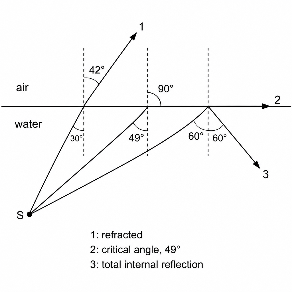 Three rays from one point under water: below the critical angle a ray is refracted out, at the critical angle it skims the surface, and above the critical angle it is totally reflected back.