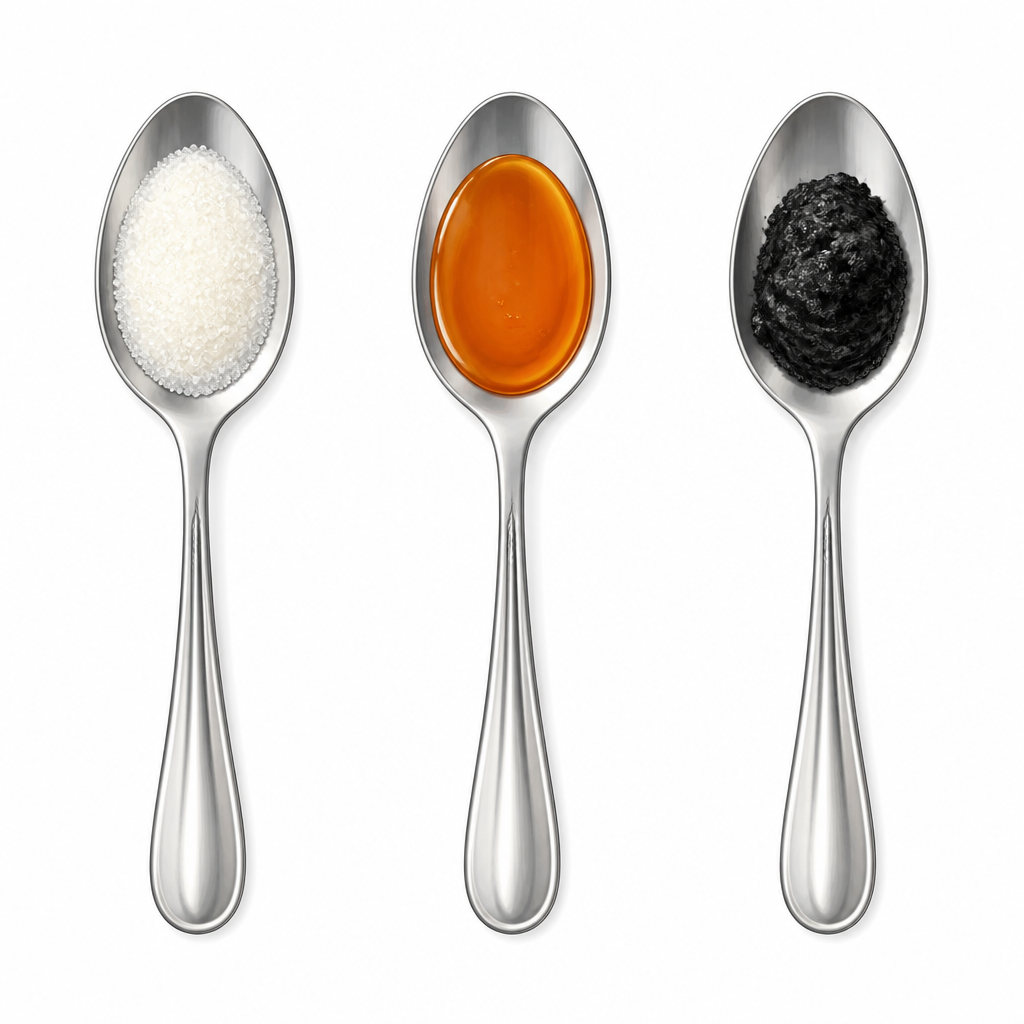 Three stages of heating sugar: white sugar, golden caramel with its sweet smell, and finally the black sugar charcoal left at the end.