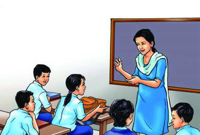 A teacher with her class. Fairness to every student and patience with those who learn slowly are the values of good teaching.