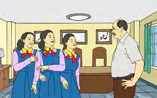 The merchant asks his three daughters what presents they want from the town.
