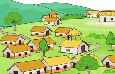 A village: small houses with thatched and tin roofs, greenery and open paths.