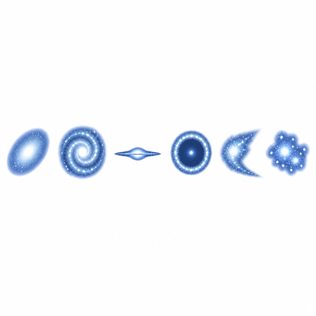 The shapes a galaxy can take, from left to right: elliptical, spiral, lens shaped, ring shaped, peculiar and irregular.