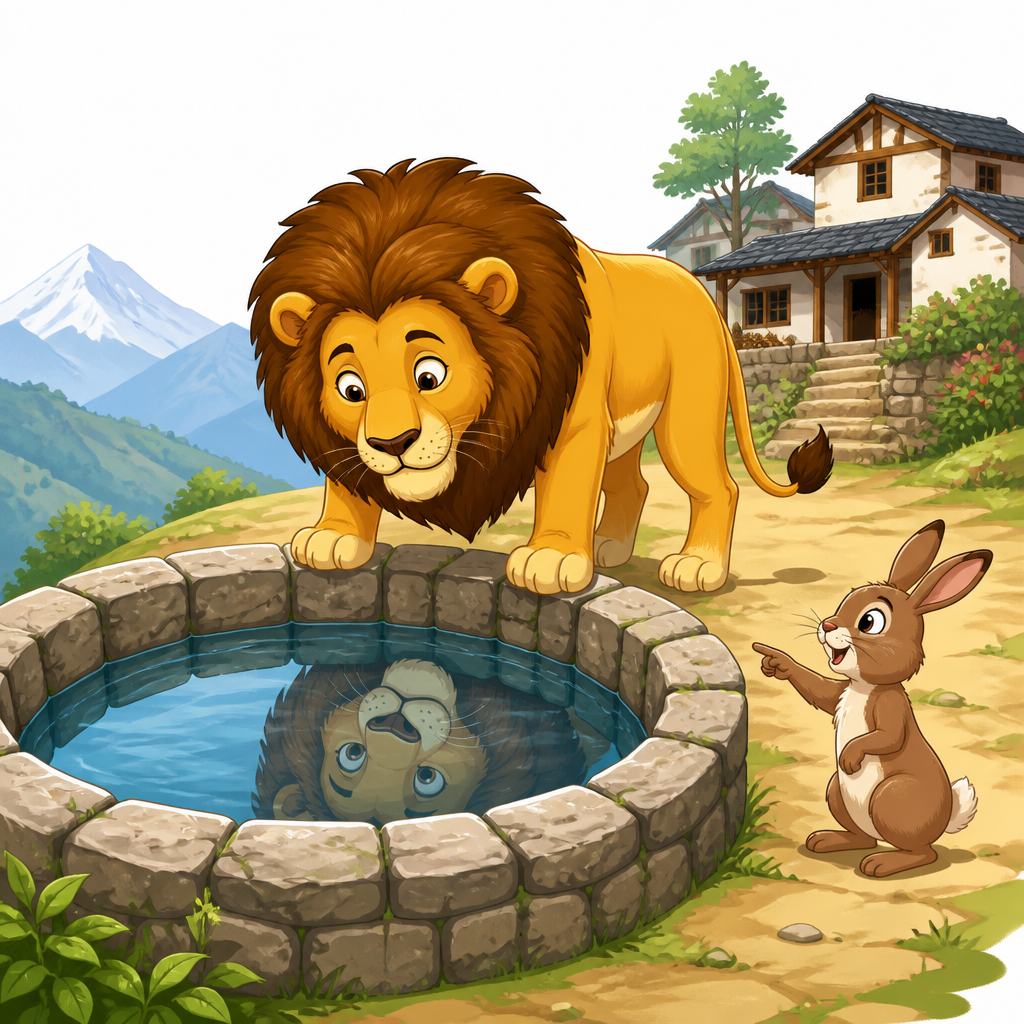 The rabbit shows the lion its own image in the water of the deep well.