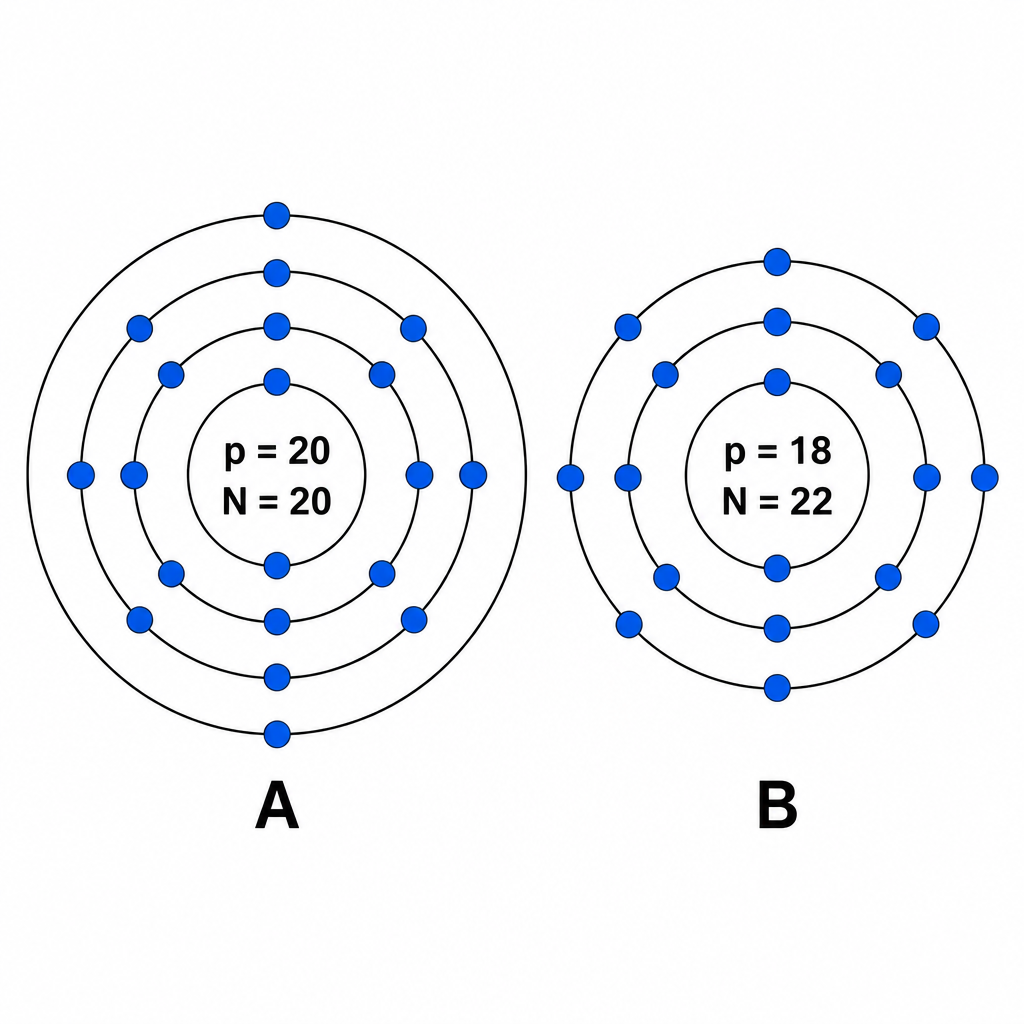 The proton and neutron counts differ, yet both atoms come out with an atomic weight of 40 amu.
