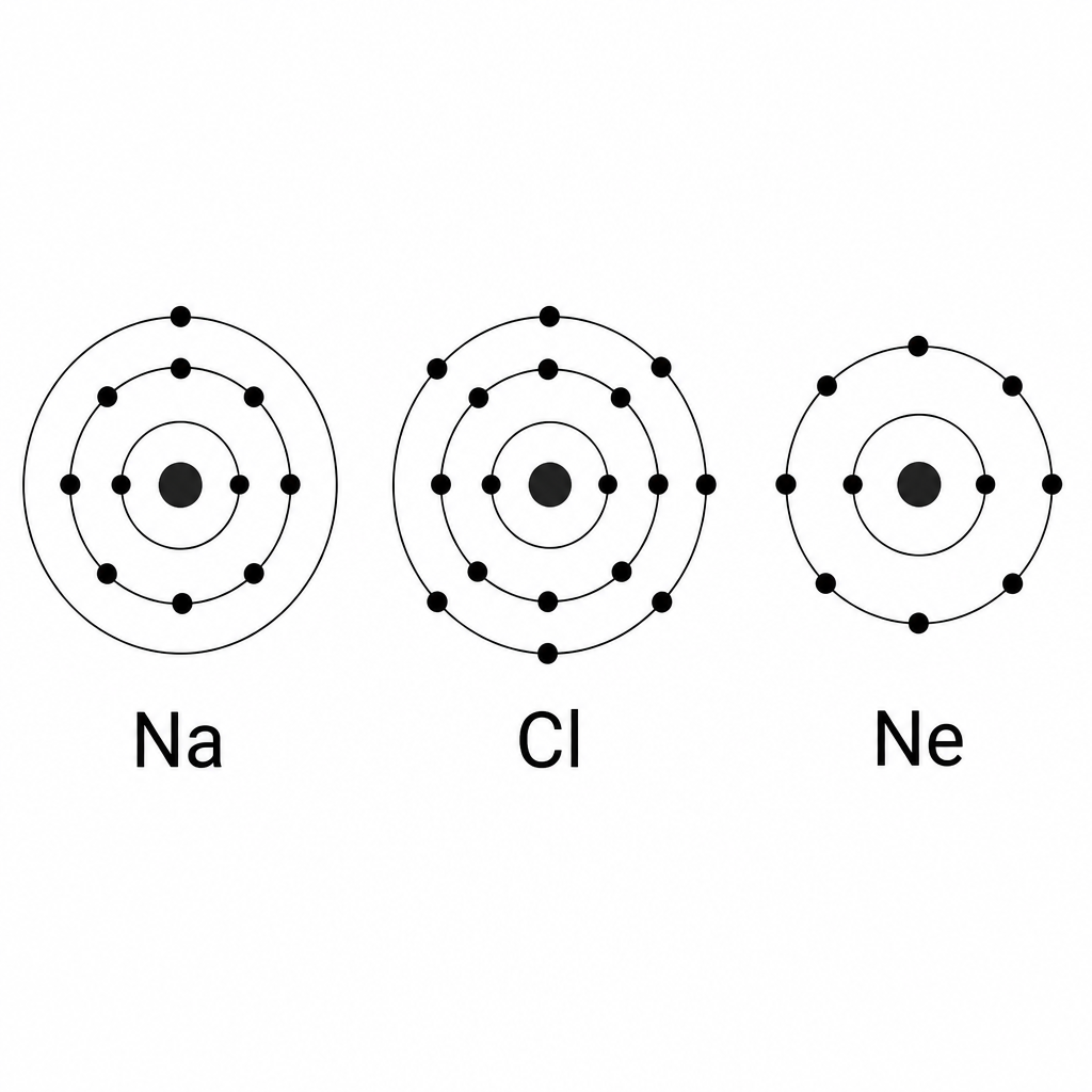 Sodium with one electron in its outermost shell, chlorine with seven, and neon with eight.