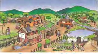 A model settlement in which houses, fields, a pond, forest and the road are arranged together