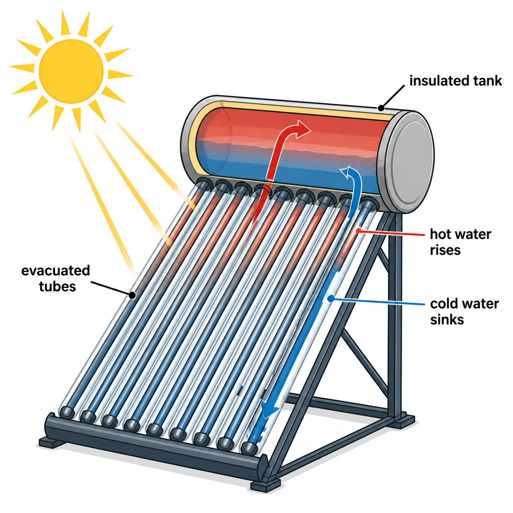 Inside a solar water heater: the Sun heats the water in the tubes, hot water rises into the tank and cold water sinks back into the tubes.
