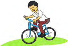A boy rides a bicycle. Cycling gives good exercise and makes no smoke, so it helps to reduce pollution.