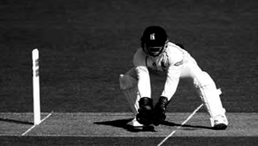 A wicket keeper crouched behind the stumps, gloved hands together, ready for the ball.