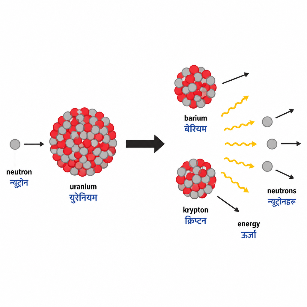 Nuclear fission: after a neutron strikes it, a uranium nucleus splits into barium and krypton, releasing three neutrons and energy.