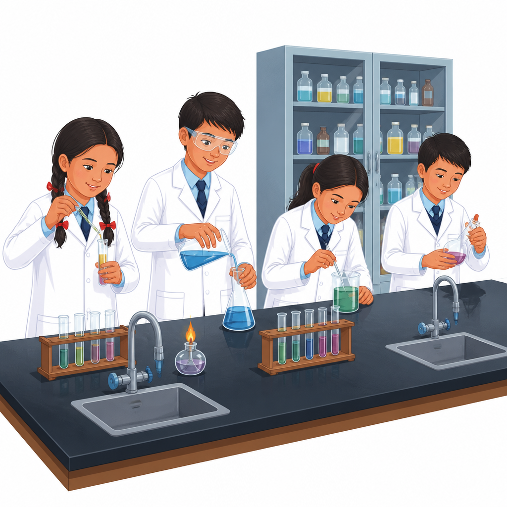 What a school science laboratory looks like, and how students stand and work in it.
