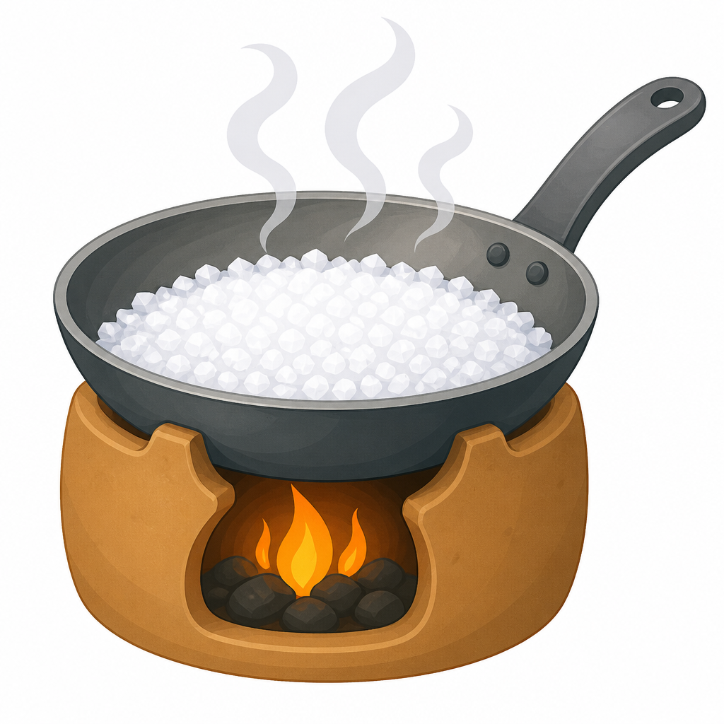Once the water has evaporated away, only white flaky salt is left in the pan.