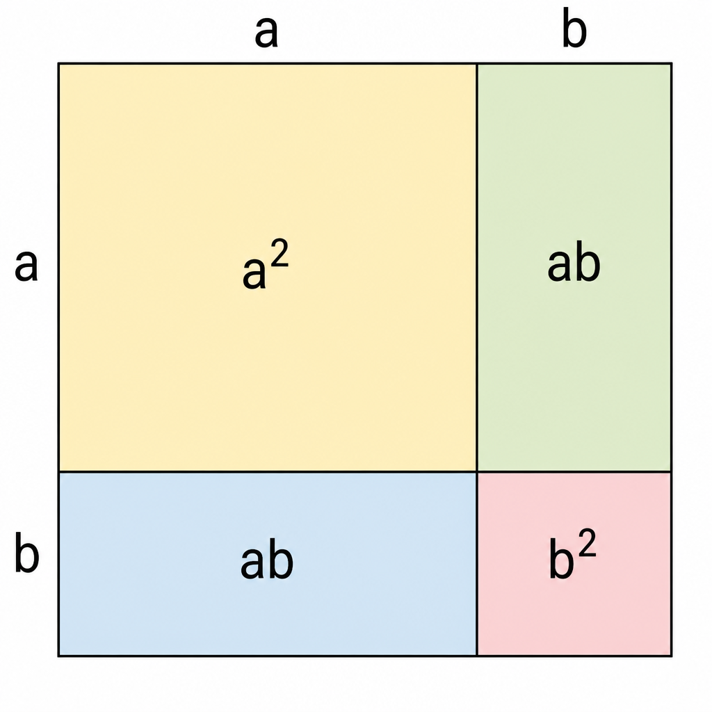 A square of side a + b divided into four parts shows one a², two equal ab rectangles and one b², which is why a² + 2ab + b² is a perfect square.