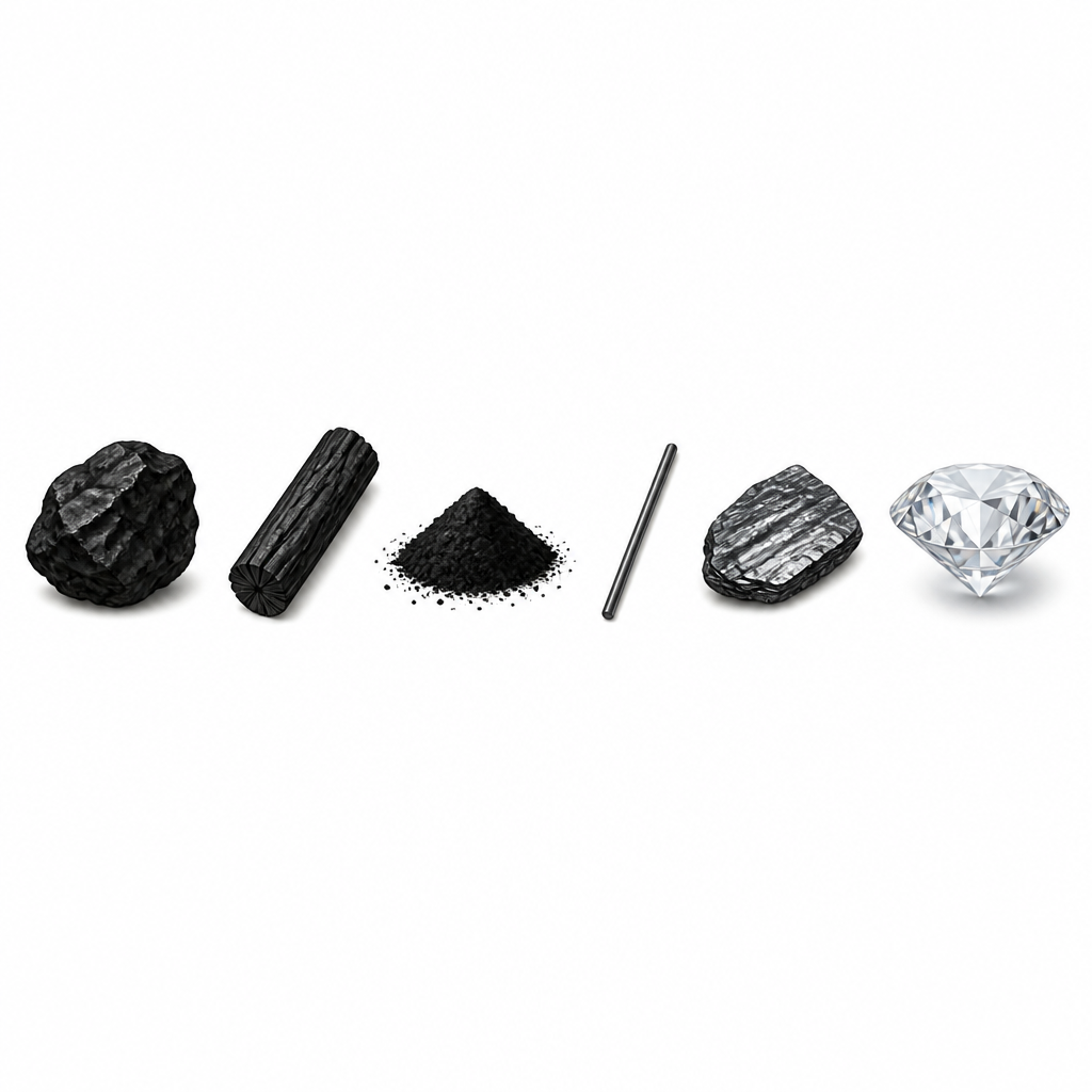 Carbon found as the free element: coal, charcoal, soot, pencil lead, graphite and diamond. Nearly all of them look black.