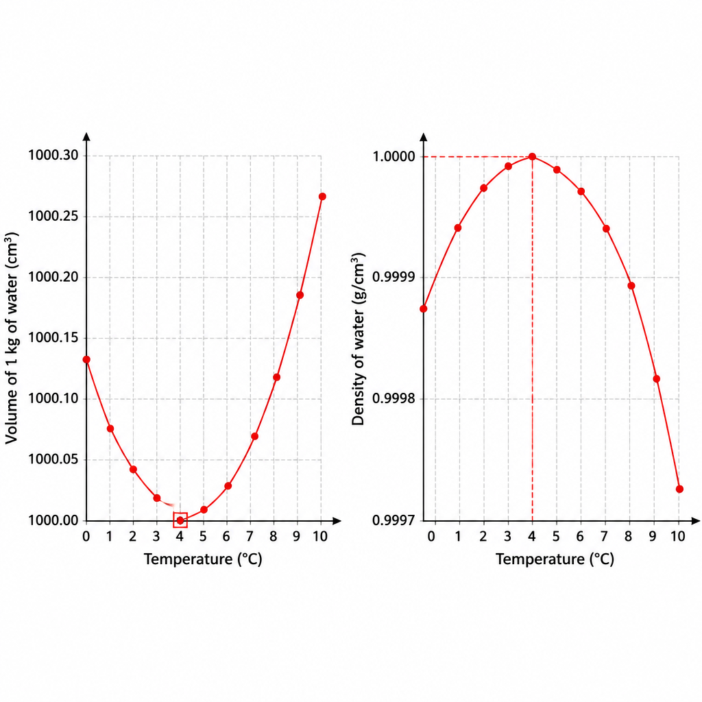 At 4°C the volume of water is lowest and its density is highest. On either side of 4°C, volume rises and density falls.