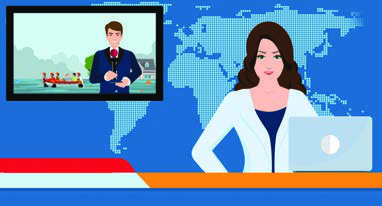 A news presenter at her desk with a field reporter on the studio screen, the setting of a typical broadcast.