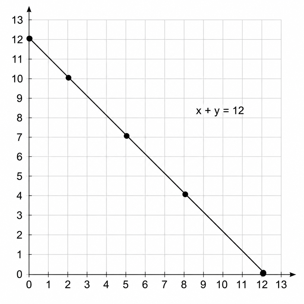 The whole number pairs that satisfy \( x + y = 12 \) all sit on one straight line