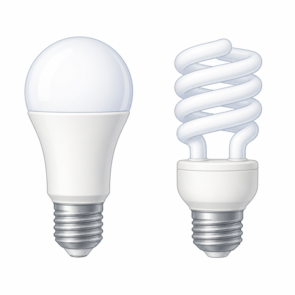 An LED bulb and a fluorescent bulb, the two main electrical bulbs used in homes